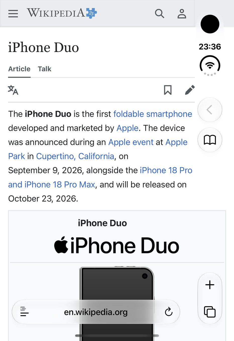 The same article with Widen: lines run under Safari's see-through buttons to the edge of the display