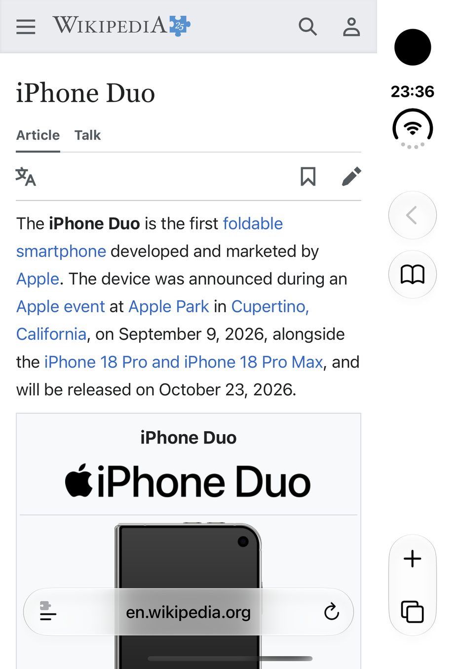 Wikipedia's iPhone Duo article in Safari on the Duo's outer display, without Widen: the text wraps early and a white band runs down beside Safari's buttons